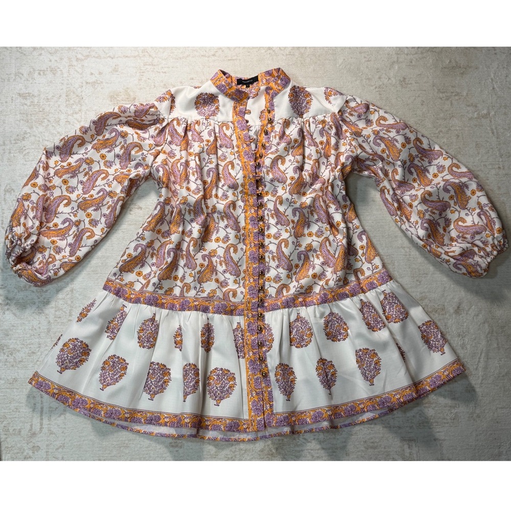 Beulah Style Paisley Tiered Mini Dress Orange Purple Balloon Sleeve OC3836 L